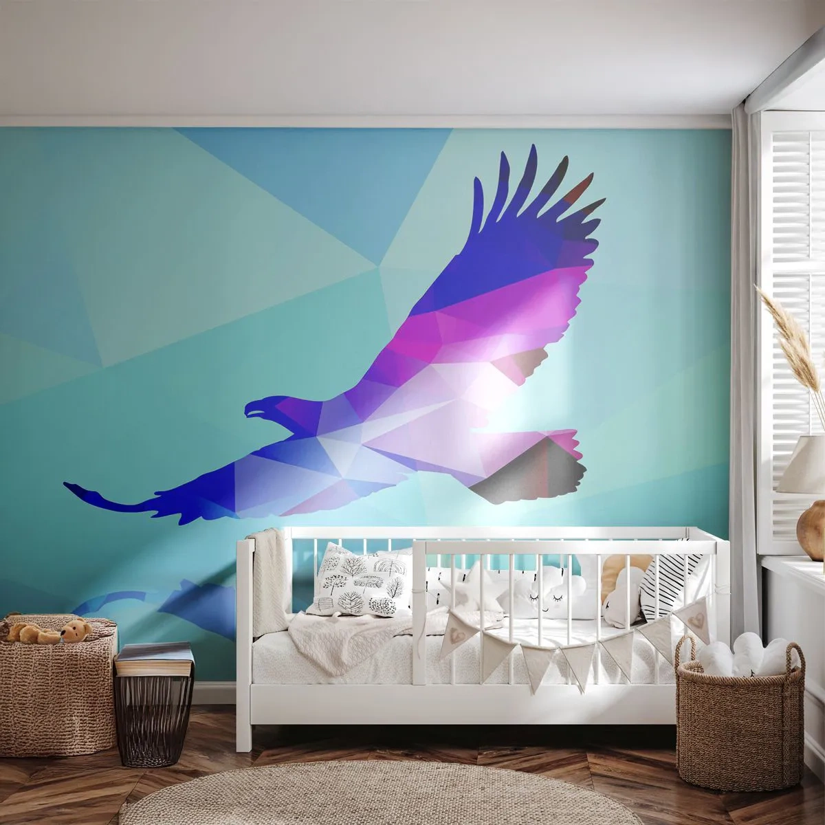Fotomurali Premium Sand - Silhouette geometrica di un'aquila in volo su sfondo blu - 100x70cm - L'aquila nel cristallo lilla - Decorazione murale moderna per soggiorno e camera da letto ARTTOR