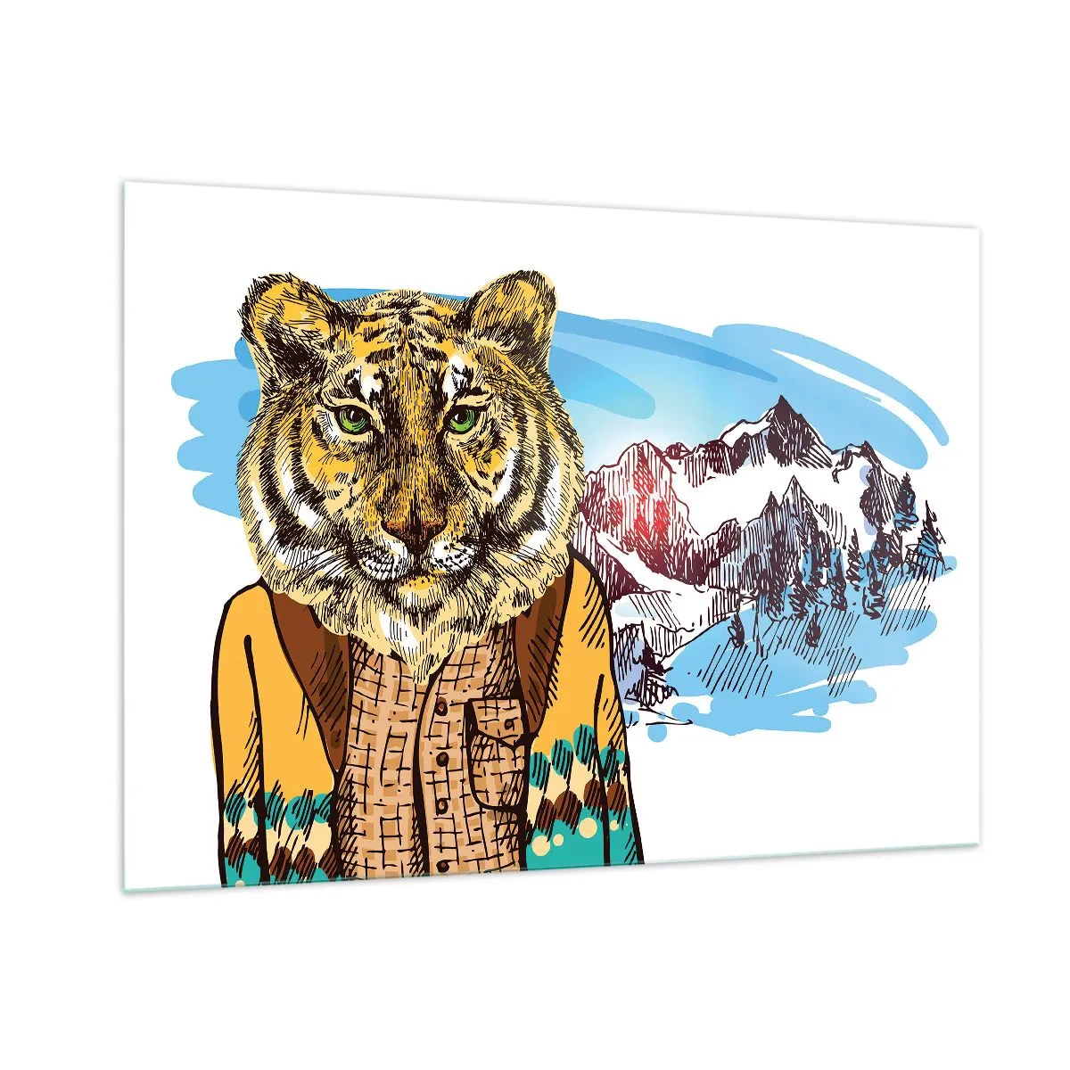 Quadro su vetro - Una tigre con un gilet sullo sfondo di un paesaggio montano - 100x70cm - Non così selvaggia come la si dipinge - Decorazione murale moderna per soggiorno e camera da letto ARTTOR
