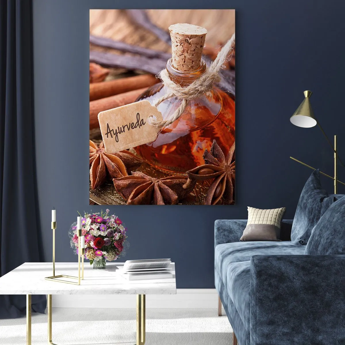Quadro su vetro - Bottiglia di olio e spezie in stile ayurvedico - 50x70cm - Verso l'unità del corpo e dell'anima - Decorazione murale moderna per soggiorno e camera da letto ARTTOR