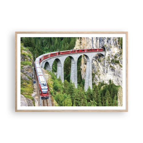 Poster in cornice rovere chiaro - Il treno tra i monti - 100x70 cm