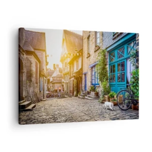 Quadro su tela - Stampe su Tela - Una strada affascinante con pavimentazione in pietra esposta alla luce del sole - 70x50cm - Lo spirito bianco della cittadina - Decorazione murale moderna per soggiorno e camera da letto ARTTOR