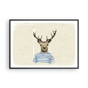 Poster in cornice nera - Un cervo con una camicia a righe su uno sfondo chiaro con una trama delicata - 100x70cm - Mi piacciono le camicie a righe! - Decorazione murale moderna per soggiorno e camera da letto ARTTOR