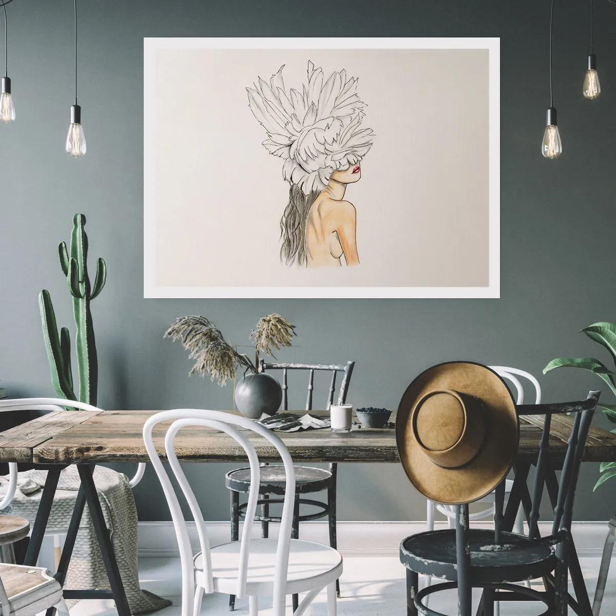 Poster - Ritratto di donna con decorazione di piume in stile artistico - 100x70cm - Bellezza coronata - Decorazione murale moderna per soggiorno e camera da letto ARTTOR