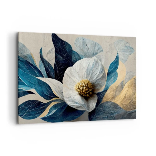Quadro su tela - Stampe su Tela - Un fiore con foglie blu su uno sfondo elegante - 100x70cm - Ha un cuore d'oro - Decorazione murale moderna per soggiorno e camera da letto ARTTOR