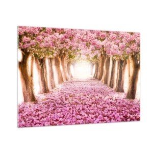 Quadro su vetro - Un viale di alberi in fiore con petali rosa sul terreno - 100x70cm - La strada verso il paradiso - Decorazione murale moderna per soggiorno e camera da letto ARTTOR