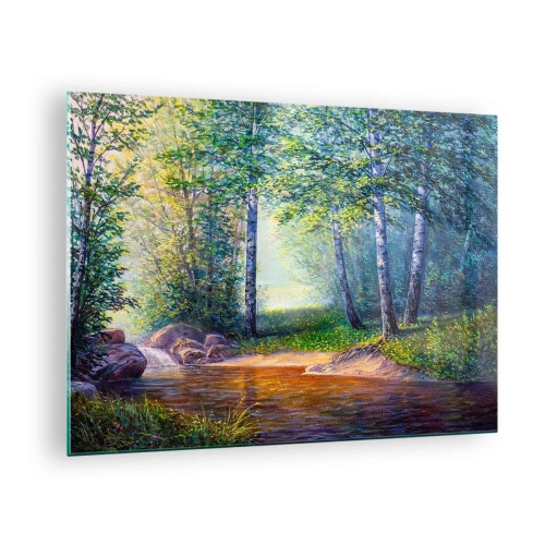 Quadro su vetro - Un ruscello nella foresta circondato da alberi sotto i raggi del sole - 70x50cm - Scena di beatitudine - Decorazione murale moderna per soggiorno e camera da letto ARTTOR