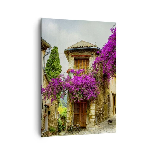 Quadro su tela - Stampe su Tela - Una strada di pietra con fiori rosa e case - 50x70cm - Sotto un baldacchino di fiori - Decorazione murale moderna per soggiorno e camera da letto ARTTOR