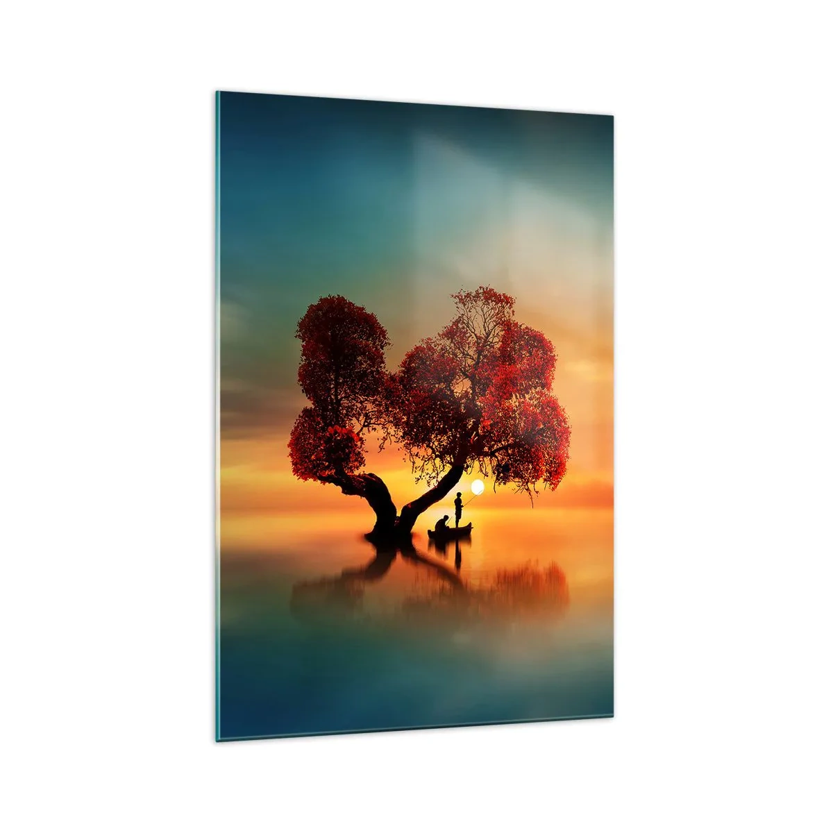 Quadro su vetro - Un albero dalle foglie rosse e una barca sull'acqua al tramonto - 70x100cm - Gli esiliati e il silenzio fuori dal mondo - Decorazione murale moderna per soggiorno e camera da letto ARTTOR