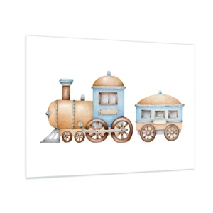 Quadro su vetro - Illustrazione di un treno a vapore nei toni del blu e del beige su sfondo bianco - 70x50cm - Fermo alla stazione... - Decorazione murale moderna per soggiorno e camera da letto ARTTOR