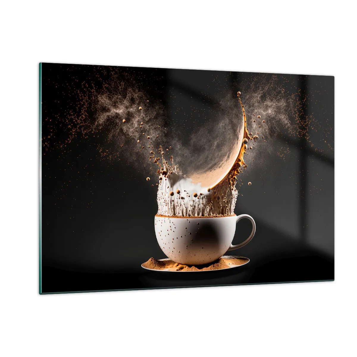 Quadro su vetro - Spruzzare caffè con latte in uno scatto dinamico - 120x80cm - Esplosione di sapore - Decorazione murale moderna per soggiorno e camera da letto ARTTOR