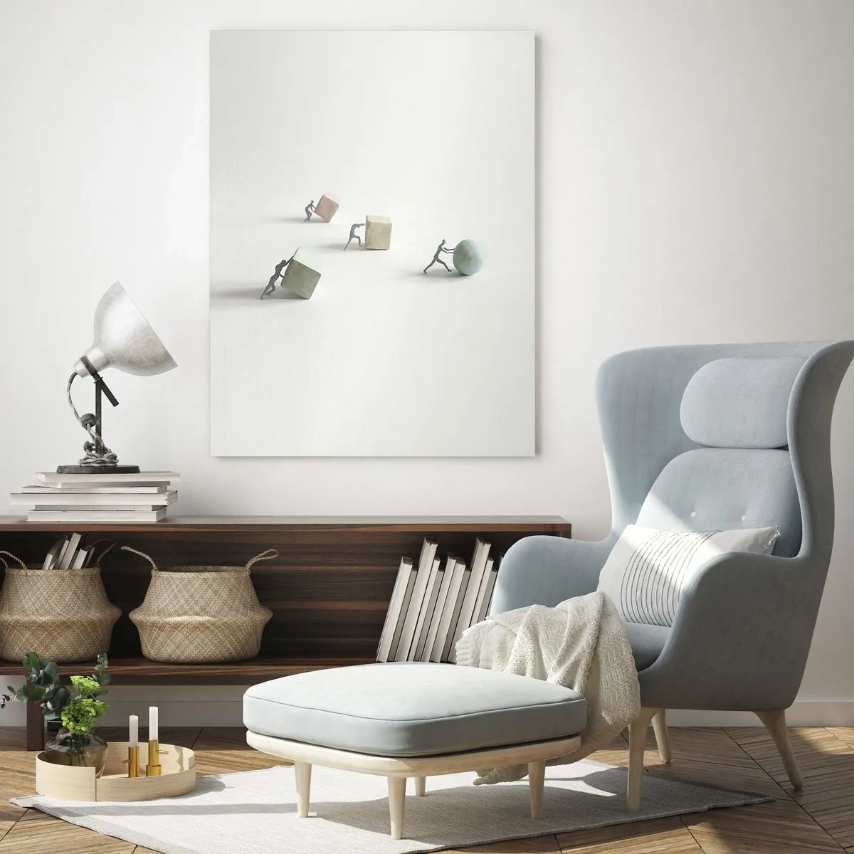 Quadro su vetro - Le figure in miniatura rotolano e spingono forme geometriche. - 50x70cm - È la vita - Decorazione murale moderna per soggiorno e camera da letto ARTTOR