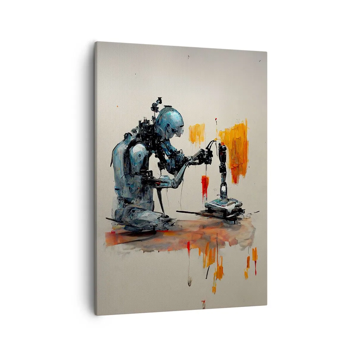 Quadro su tela - Stampe su Tela - Robot al lavoro con sfondo astratto - 50x70cm - È già domani... - Decorazione murale moderna per soggiorno e camera da letto ARTTOR