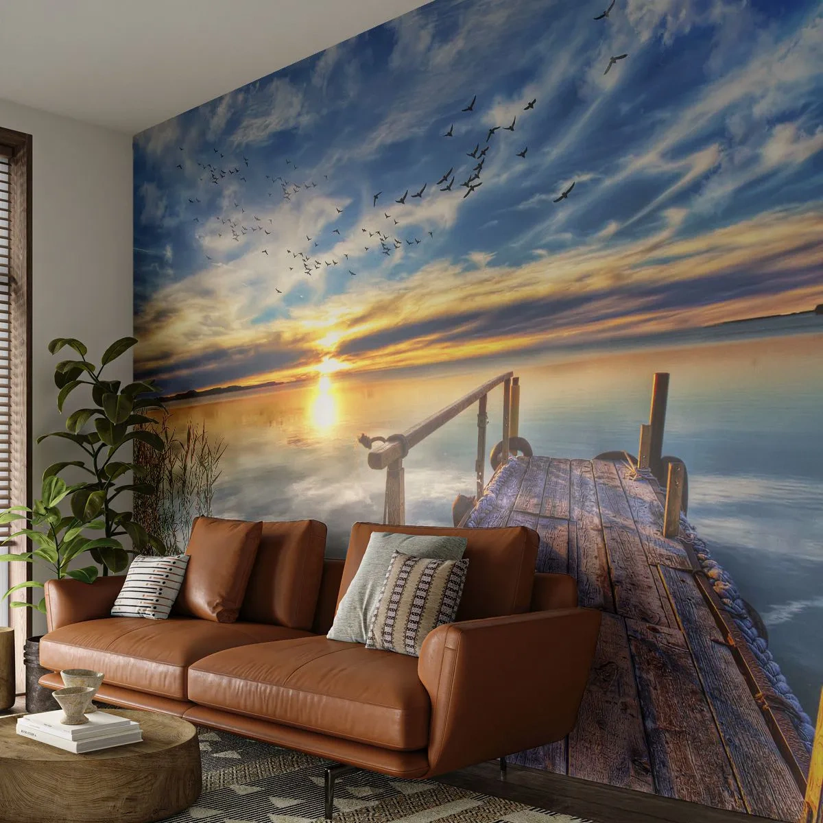 Fotomurali Premium Sand - Molo di legno sul lago al tramonto - 100x70cm - Il vento è andato a dormire - Decorazione murale moderna per soggiorno e camera da letto ARTTOR