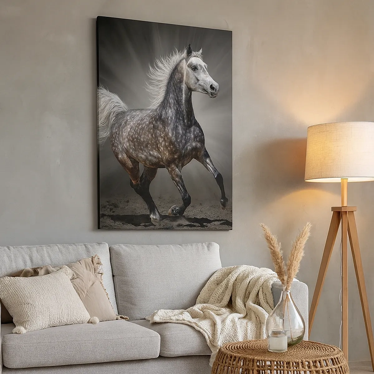 Quadro su tela - Stampe su Tela - Un cavallo bianco al galoppo su uno sfondo scuro - 50x70cm - Grigio è bello - Decorazione murale moderna per soggiorno e camera da letto ARTTOR