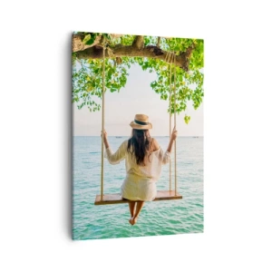 Quadro su tela - Stampe su Tela - Donna su un'altalena in riva al mare in un paesaggio tropicale - 50x70cm - La vita è bella - Decorazione murale moderna per soggiorno e camera da letto ARTTOR