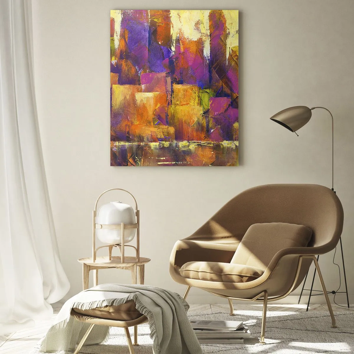 Quadro su vetro - Composizione astratta di una metropoli nei toni del giallo e del viola - 70x100cm - Composizione metropolitana - Decorazione murale moderna per soggiorno e camera da letto ARTTOR