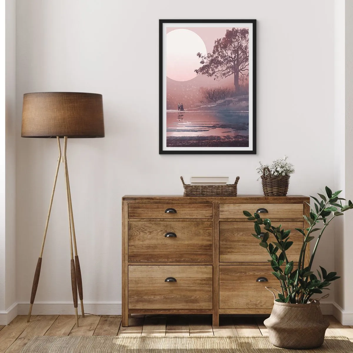 Poster in cornice nera - Paesaggio romantico con la luna e un albero in riva all'acqua - 50x70cm - Meraviglie della notte - Decorazione murale moderna per soggiorno e camera da letto ARTTOR