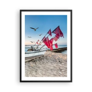 Poster in cornice nera - Barca da pesca con bandiere rosse sulla spiaggia - 50x70cm - Meritato riposo - Decorazione murale moderna per soggiorno e camera da letto ARTTOR