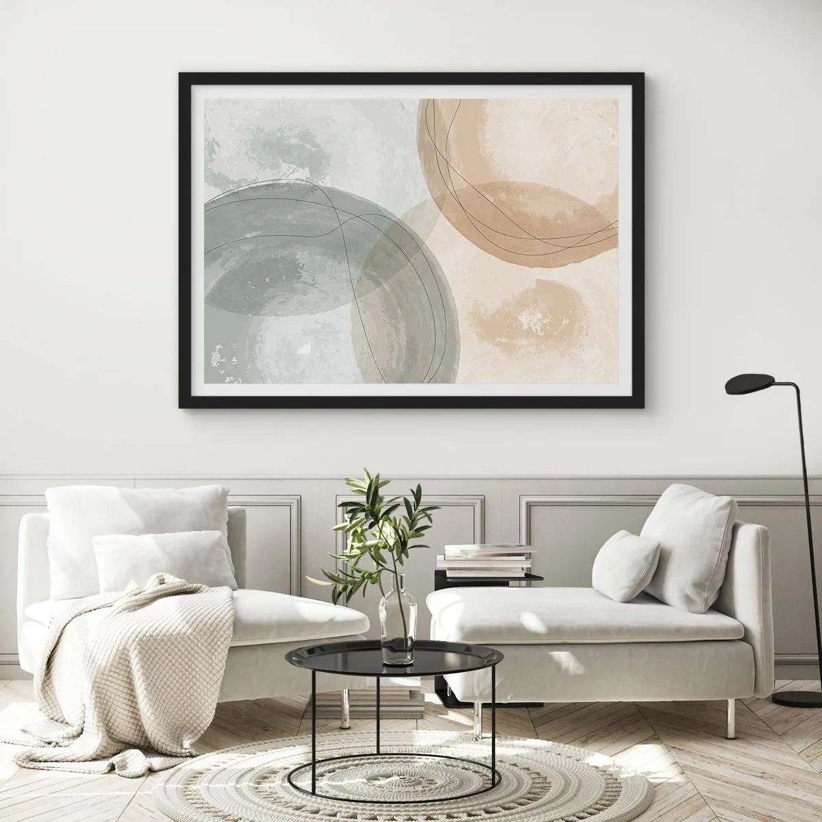 Poster in cornice nera - Composizione astratta in colori pastello con linee - 100x70cm - Compenetrazione di mondi - Decorazione murale moderna per soggiorno e camera da letto ARTTOR