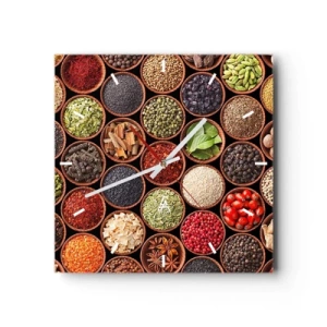 Orologio da parete - Orologio in Vetro - Spezie colorate in contenitori rotondi - 30x30cm - Tutti i gusti del mondo - Decorazione murale moderna per soggiorno e camera da letto ARTTOR