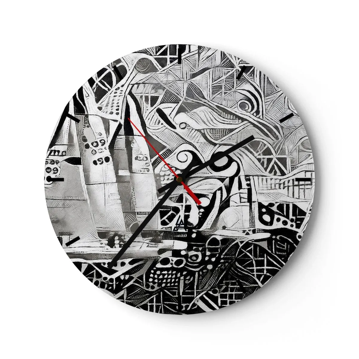Orologio da parete - Orologio in Vetro - Onde astratte in bianco e nero con elementi geometrici - 30x30cm - Tra le onde - Decorazione murale moderna per soggiorno, cucina e camera da letto ARTTOR