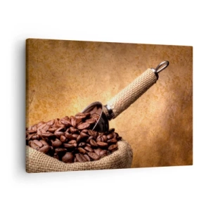 Quadro su tela - Stampe su Tela - Chicchi di caffè in un sacchetto di iuta con un cucchiaio di metallo - 70x50cm - Alla fonte del gusto - Decorazione murale moderna per soggiorno e camera da letto ARTTOR