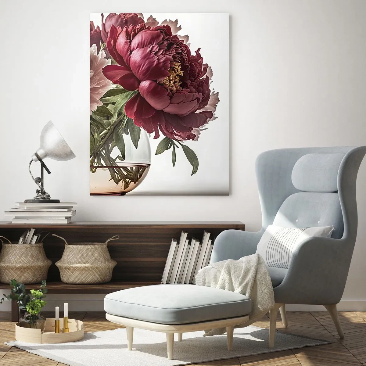 Quadro su vetro - Un bouquet di peonie nei toni del rosa e del rosso - 70x100cm - Bellezza in piena fioritura - Decorazione murale moderna per soggiorno e camera da letto ARTTOR