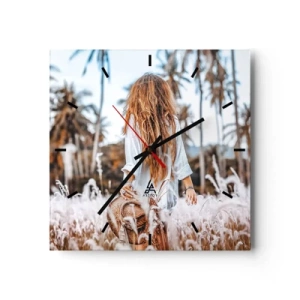 Orologio da parete - Orologio in Vetro - Una donna in un campo d'erba con palme sullo sfondo al tramonto - 30x30cm - Nata dalla lanugine dell'erba - Decorazione murale moderna per soggiorno e camera da letto ARTTOR