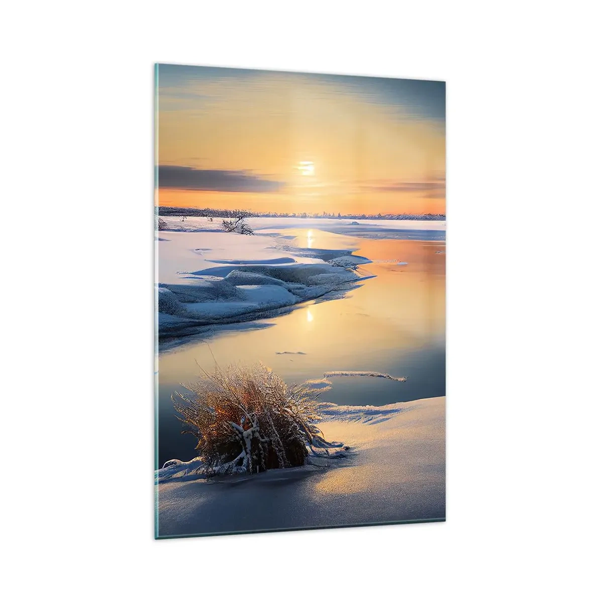 Quadro su vetro - Paesaggio invernale con un fiume al tramonto - 80x120cm - Tramonto invernale - Decorazione murale moderna per soggiorno e camera da letto ARTTOR