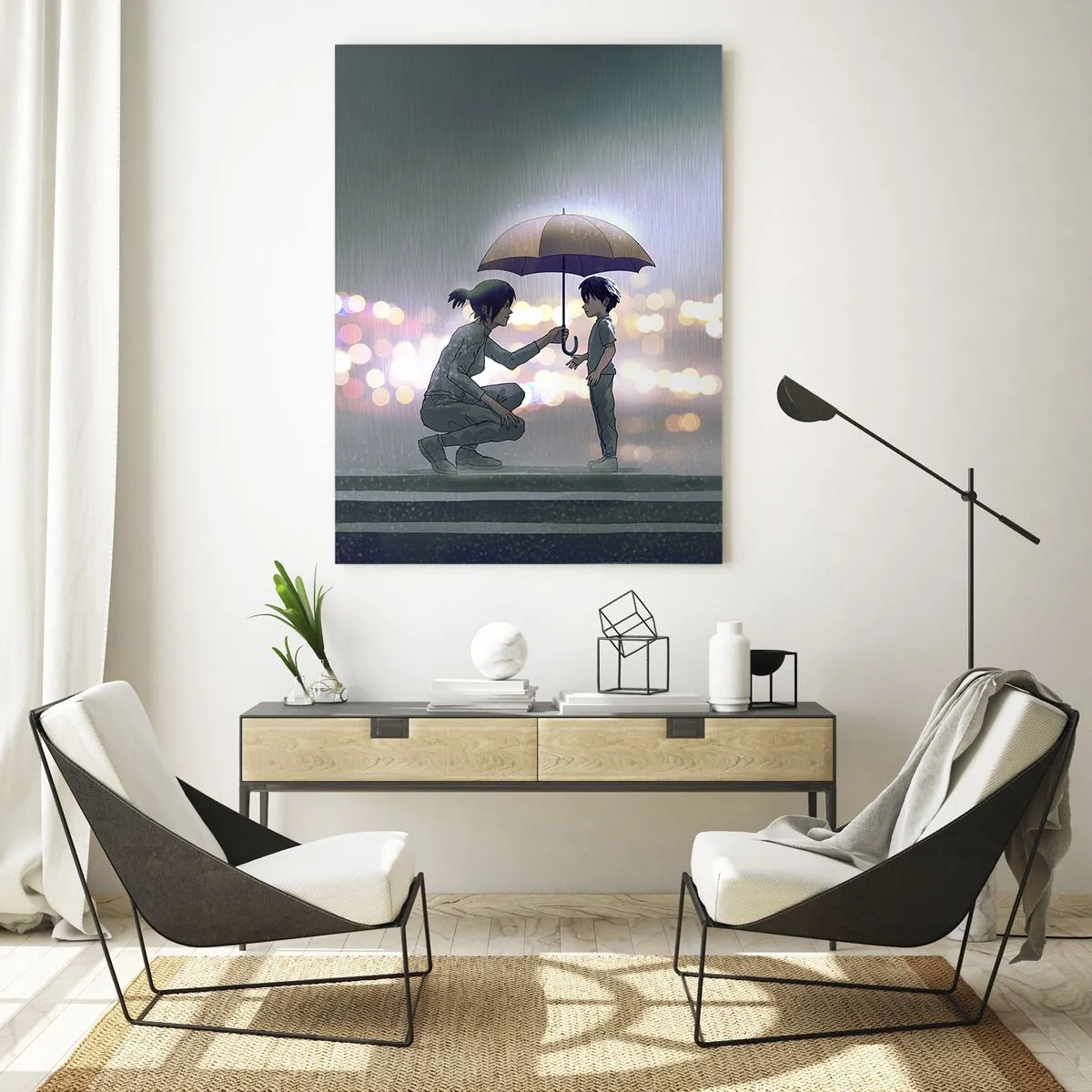 Quadro su vetro - Una figura con un ombrello che protegge un bambino sullo sfondo delle luci notturne. - 70x100cm - E già tutto va bene - Decorazione murale moderna per soggiorno e camera da letto ARTTOR