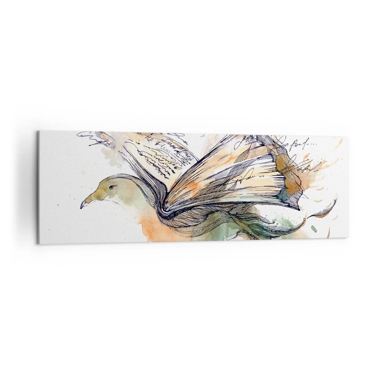 Quadro su tela - Stampe su Tela - Dipinto artistico ad acquerello di un uccello con un libro come ali - 160x50cm - Sulle ali della poesia - Decorazione murale moderna per soggiorno e camera da letto ARTTOR