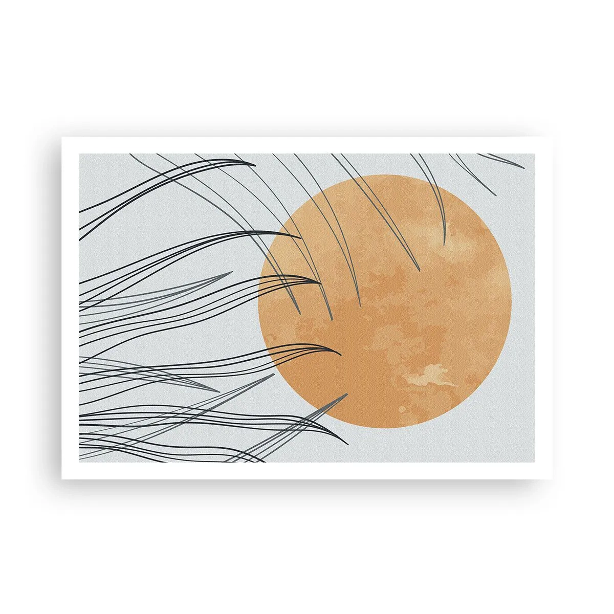 Poster - Fili d'erba astratti sullo sfondo di un grande sole arancione - 100x70cm - Sempre verso il sole - Decorazione murale moderna per soggiorno e camera da letto ARTTOR