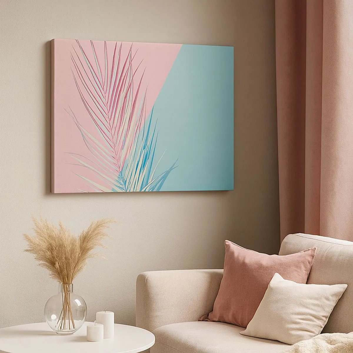 Quadro su tela - Stampe su Tela - Foglia tropicale su uno sfondo di tonalità pastello di rosa e blu - 70x50cm - Impressione tropicale - Decorazione murale moderna per soggiorno e camera da letto ARTTOR