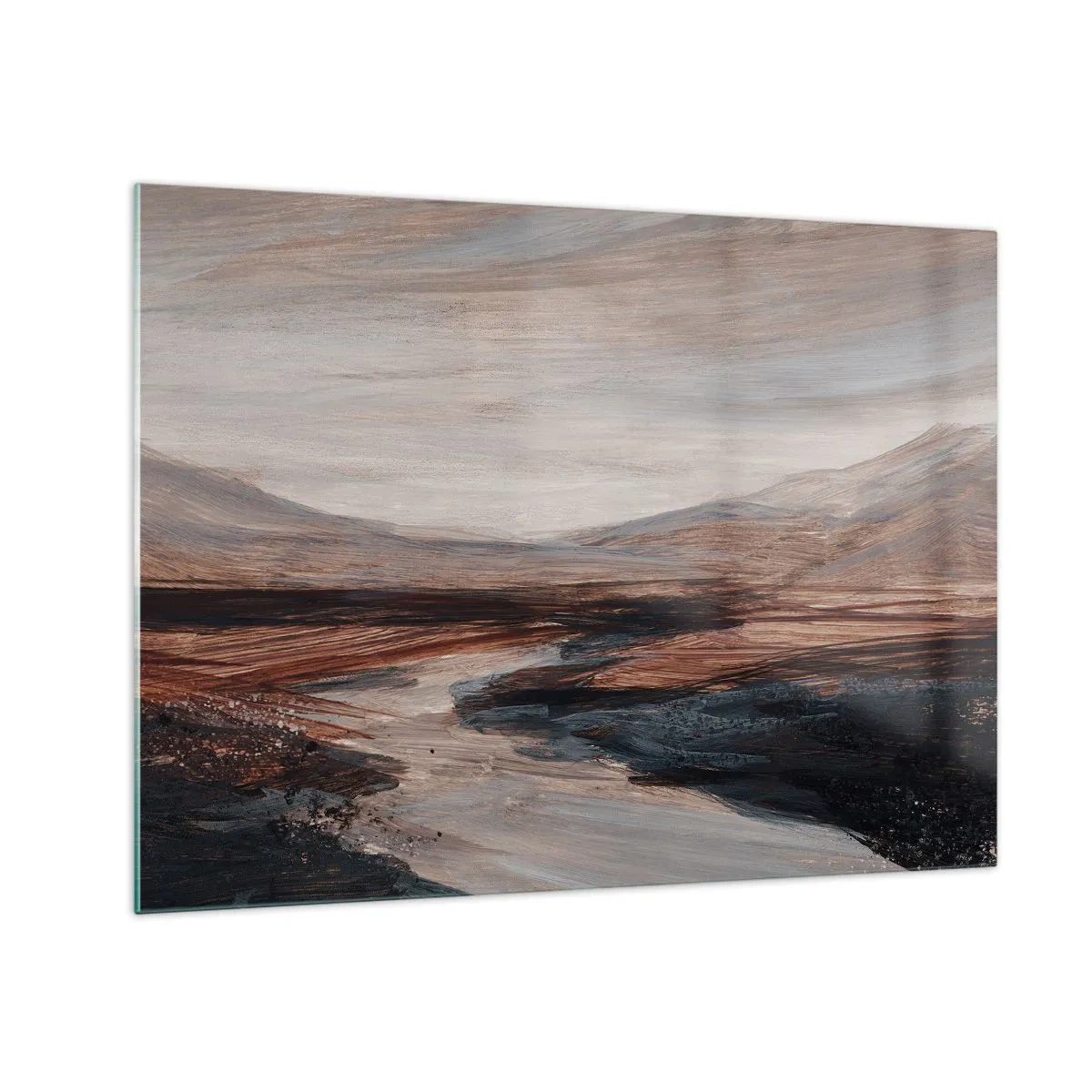 Quadro su vetro - Una pittoresca valle con un fiume dalle sfumature di marrone e blu - 70x50cm - Valle tranquilla - Decorazione murale moderna per soggiorno e camera da letto ARTTOR