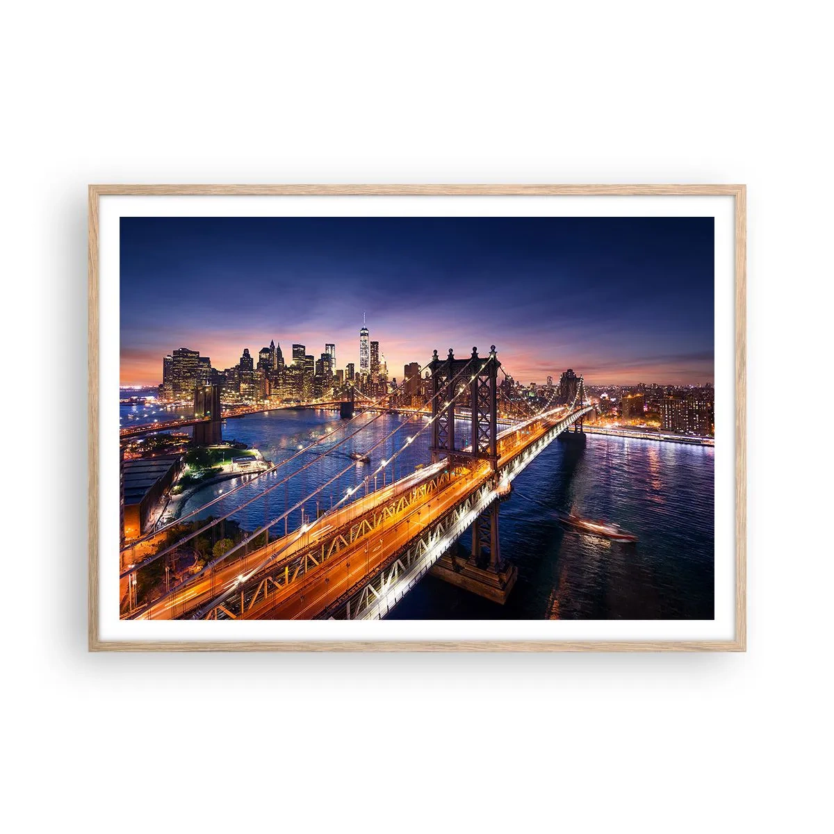 Poster in cornice rovere chiaro - Il ponte luminoso fino al cuore della città - 100x70 cm