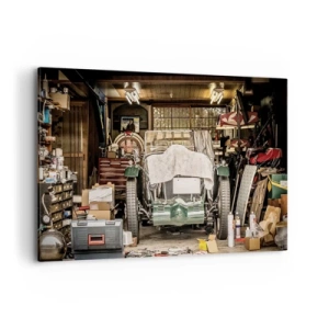 Quadro su tela - Stampe su Tela - Una vecchia auto in un garage circondata da attrezzi e attrezzature - 120x80cm - Ritorno al passato - Decorazione murale moderna per soggiorno e camera da letto ARTTOR