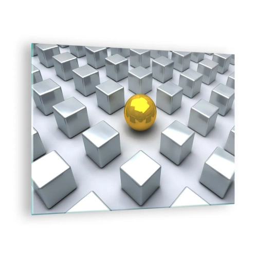 Quadro su vetro - Una sfera dorata circondata da cubi d'argento - 70x50cm - Perché io? Composizione geometrica - Decorazione murale moderna per soggiorno e camera da letto ARTTOR