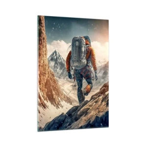 Quadro su vetro - Uno scalatore su un sentiero di montagna in un paesaggio invernale - 80x120cm - Guerriero solitario - Decorazione murale moderna per soggiorno e camera da letto ARTTOR
