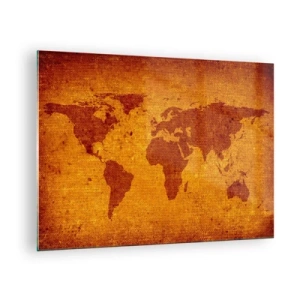 Quadro su vetro - Una mappa del mondo dai colori caldi e seppia - 70x50cm - Invito a viaggiare - Decorazione murale moderna per soggiorno e camera da letto ARTTOR