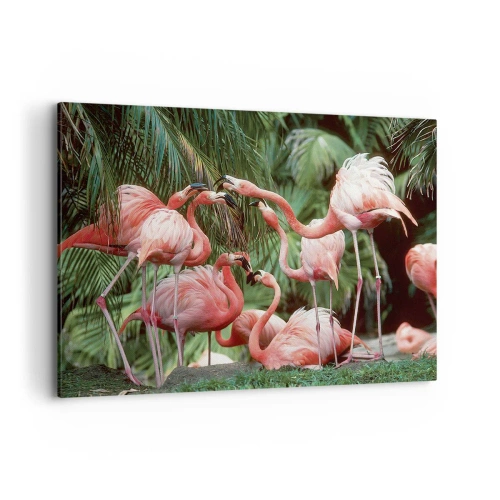Quadro su tela - Stampe su Tela - Un gruppo di fenicotteri in un ambiente tropicale circondato da palme - 100x70cm - Pettegolezzi pomeridiani - Decorazione murale moderna per soggiorno e camera da letto ARTTOR