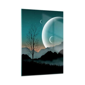 Quadro su vetro - Lune sopra le montagne con un albero solitario e stelle - 50x70cm - Il carnevale di una notte stellata - Decorazione murale moderna per soggiorno e camera da letto ARTTOR