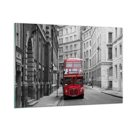 Quadro su vetro - Un autobus rosso tra le strade monocromatiche della città - 120x80cm - Il quotidiano non deve essere grigio - Decorazione murale moderna per soggiorno e camera da letto ARTTOR