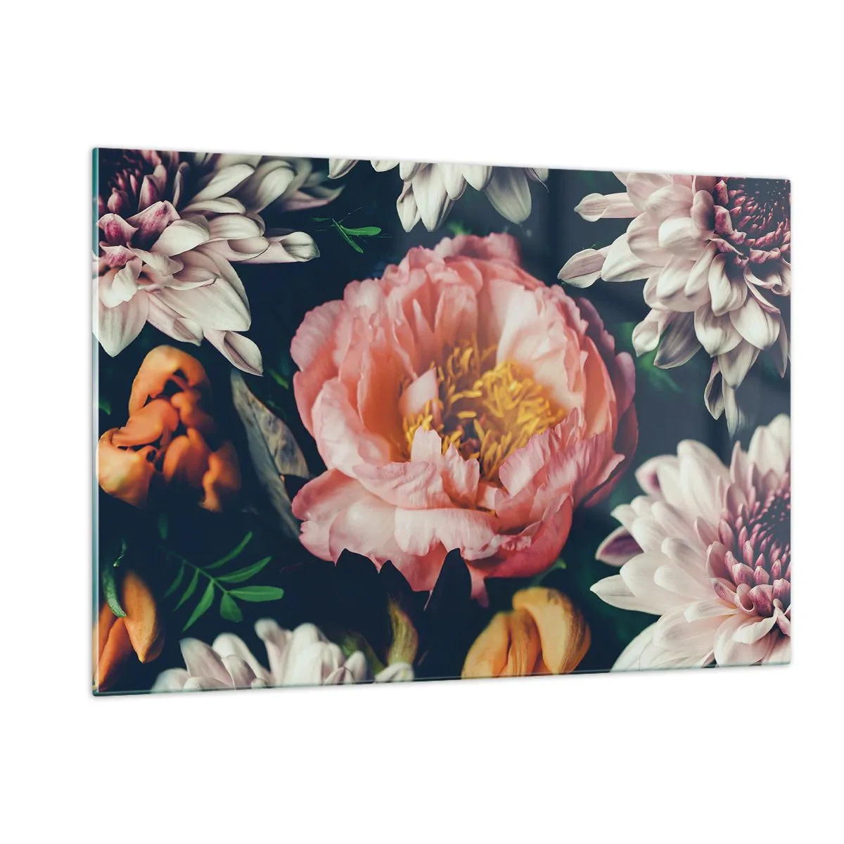 Quadro su vetro - Primo piano di peonie e crisantemi in tonalità pastello - 120x80cm - Con fasto barocco - Decorazione murale moderna per soggiorno e camera da letto ARTTOR