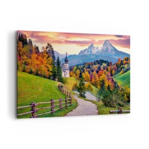 Quadro su tela - Stampe su Tela - Paesaggio montano autunnale con cappella e tramonto - 120x80cm - Un paesaggio come dipinto - Decorazione murale moderna per soggiorno e camera da letto ARTTOR