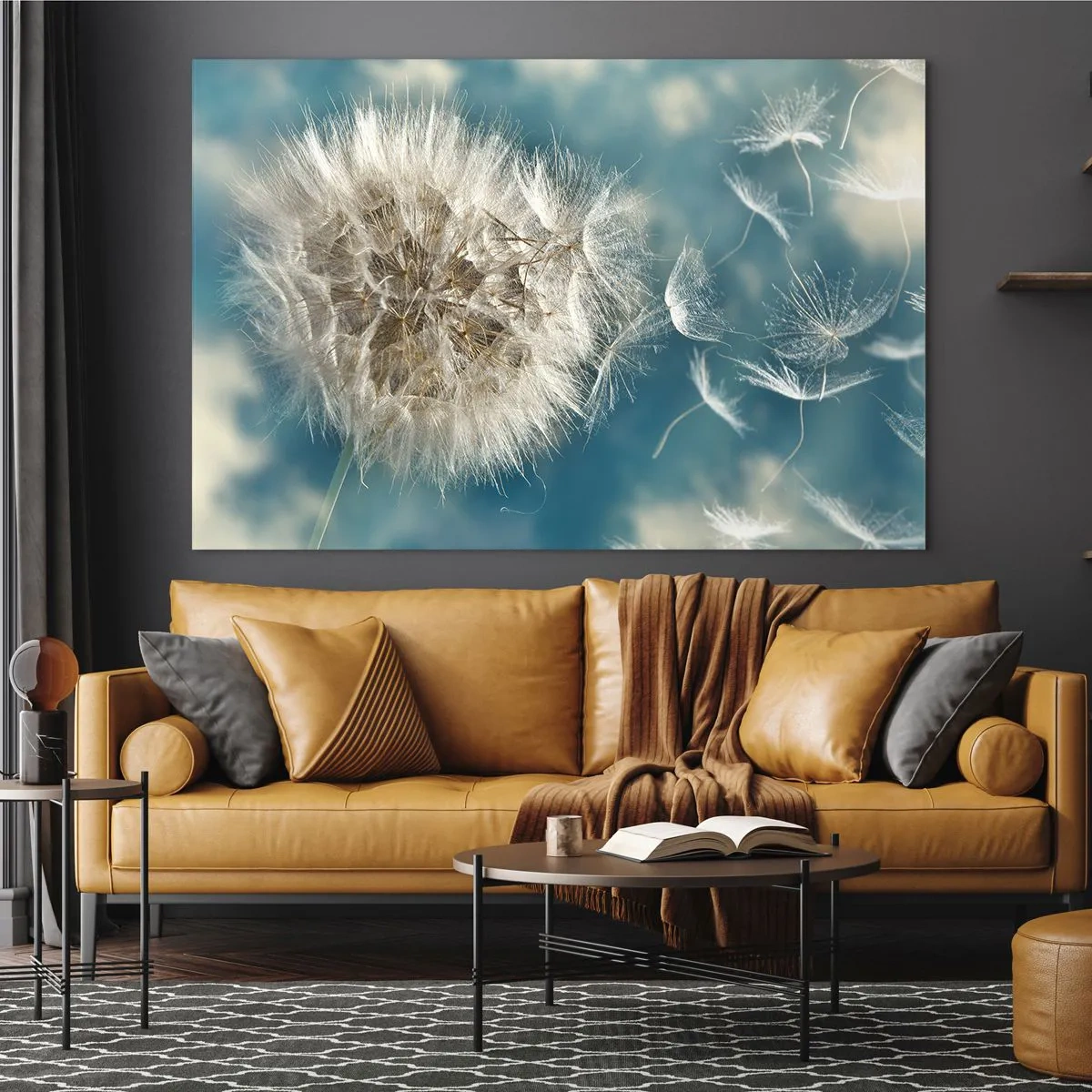 Quadro su vetro - Un delicato dente di leone contro il cielo con semi galleggianti - 100x70cm - Il respiro dell'angelo - Decorazione murale moderna per soggiorno e camera da letto ARTTOR