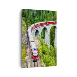 Quadro su tela - Stampe su Tela - Un treno su un pittoresco viadotto in un paesaggio montuoso - 80x120cm - Il treno tra i monti - Decorazione murale moderna per soggiorno e camera da letto ARTTOR