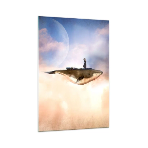 Quadro su vetro - Una scena fantastica di una donna su una balena tra le nuvole - 70x100cm - Viaggio surreale - Decorazione murale moderna per soggiorno e camera da letto ARTTOR