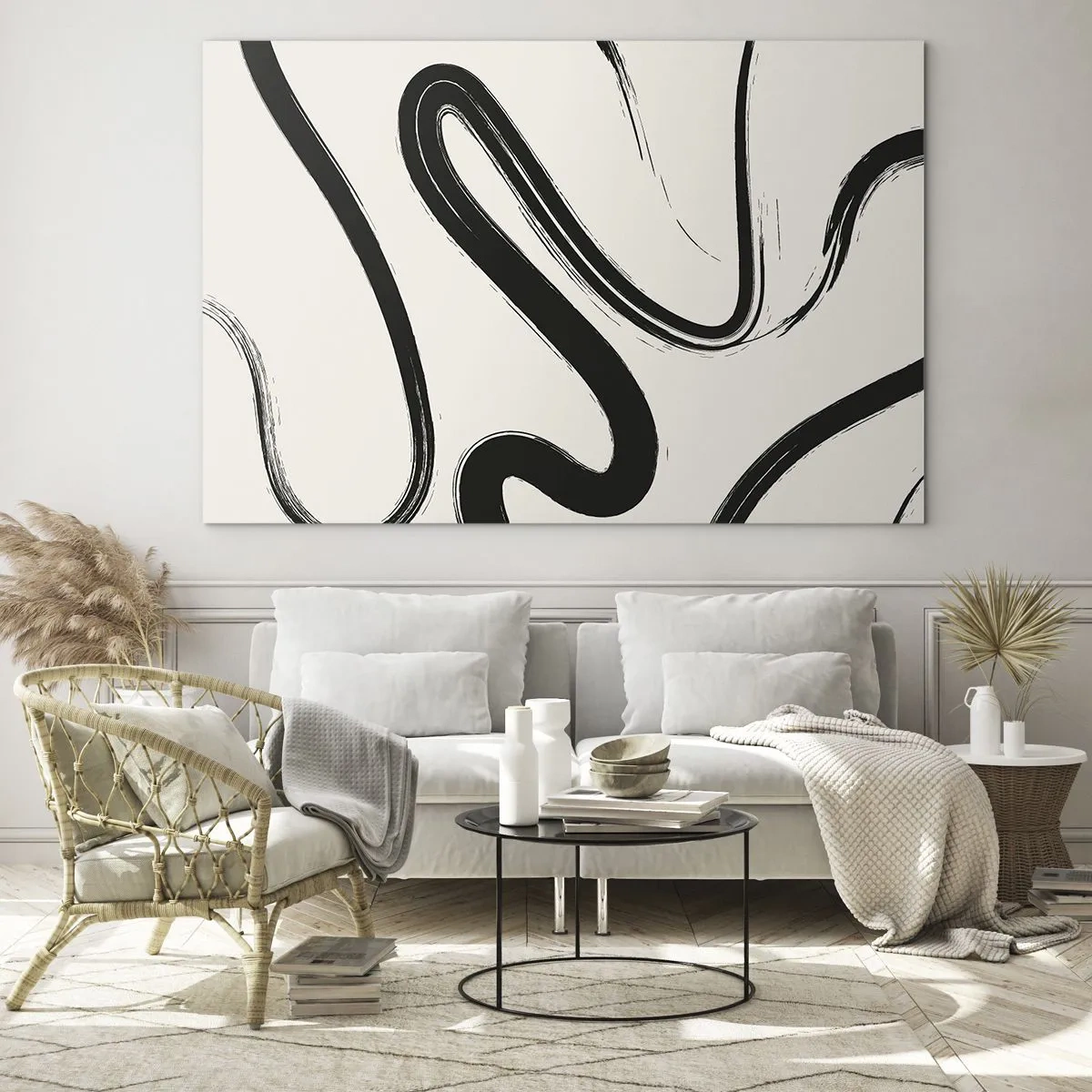 Quadro su vetro - Linee nere dinamiche su uno sfondo chiaro in stile astratto. - 120x80cm - Capriccio bianco e nero - Decorazione murale moderna per soggiorno e camera da letto ARTTOR