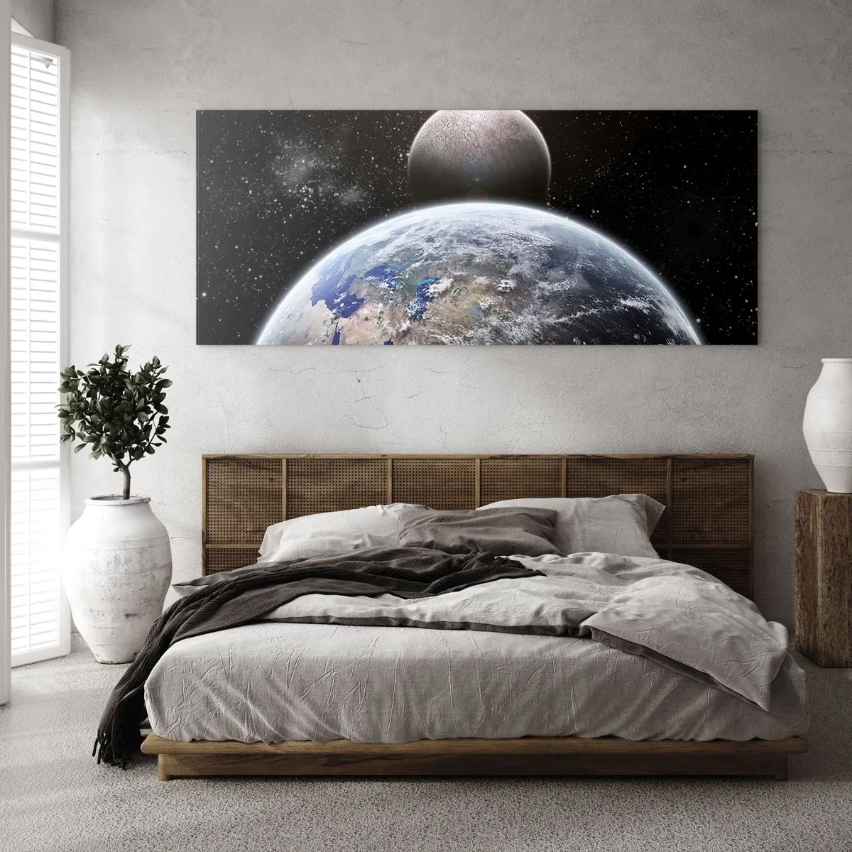 Quadro su vetro - Il pianeta Terra e la Luna sullo sfondo dello spazio stellato. - 140x50cm - Paesaggio cosmico: sorgere del sole - Decorazione murale moderna per soggiorno e camera da letto ARTTOR