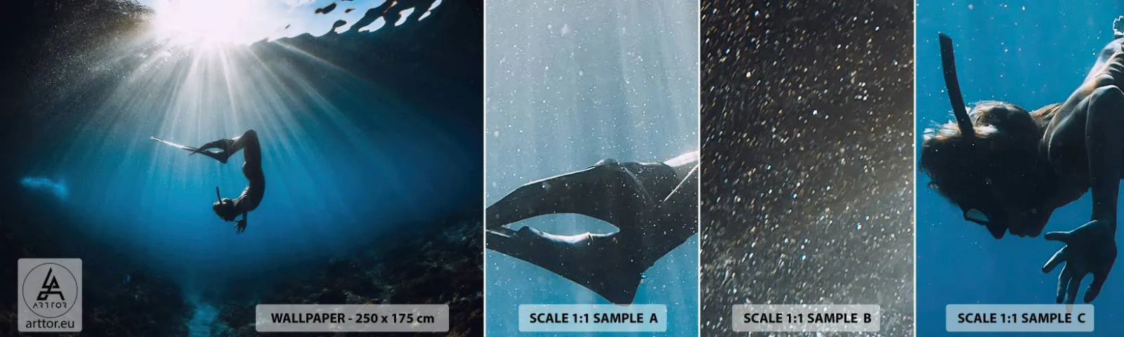 Campione di Fotomurale Adesivo Deluxe Sticker - Danza subacquea - Grotta sottomarina, Raggi del sole, Immersione - 100x30 cm